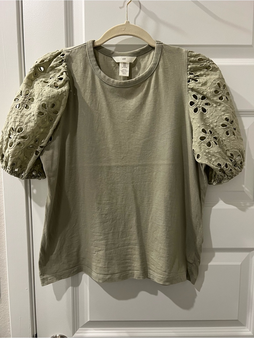 H&M Olive Puff Sleeve Eyelet Tee